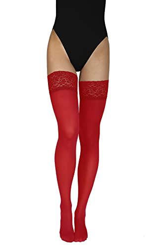 Annes styling Truss 60 denier medias de microfibra para mujer con encaje alto opaco lencería de silicona superior, rojo, M/L