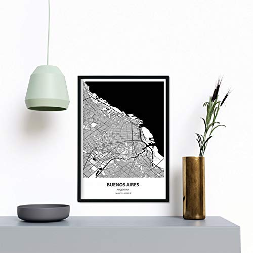 Nacnic Poster con mapa de Buenos Aires - Argentina. Láminas de ciudades de Latinoamérica con mares y ríos en color negro. Tamaño A3 con marco